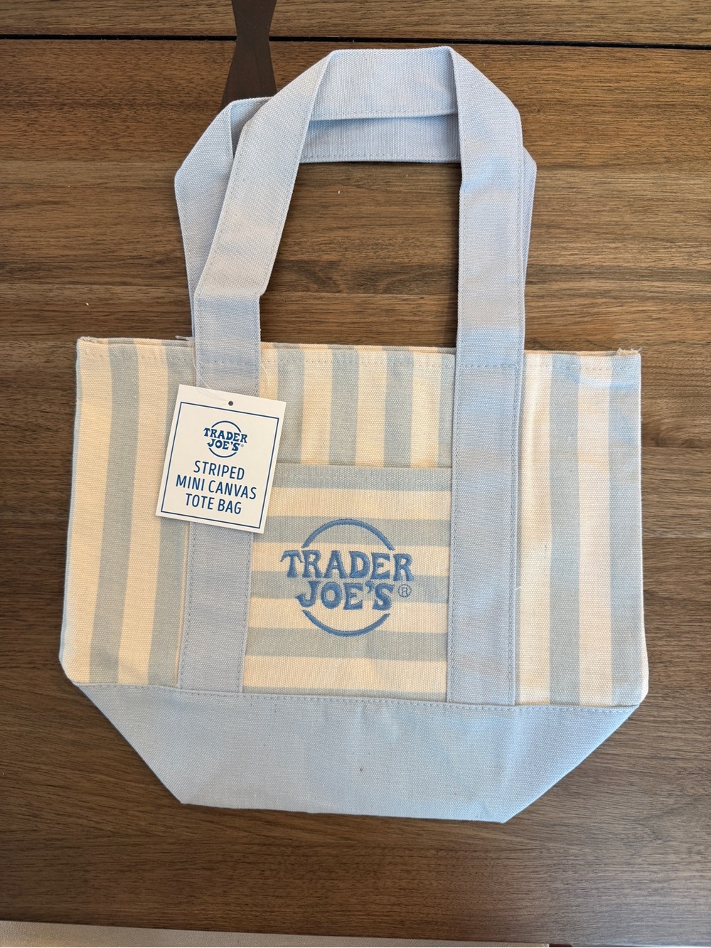 Trader Joe's Striped Mini Canvas Tote Bag in Light Blue & Cream
